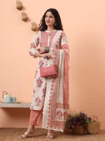 Thumbnail for Yufta Cream Pure Cotton Kantha Work Kurta Dupatta Pant Set