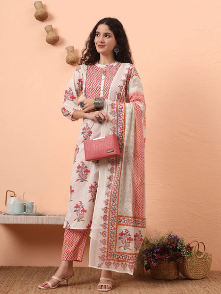 Yufta Cream Pure Cotton Kantha Work Kurta Dupatta Pant Set