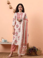 Thumbnail for Yufta Cream Pure Cotton Kantha Work Kurta Dupatta Pant Set