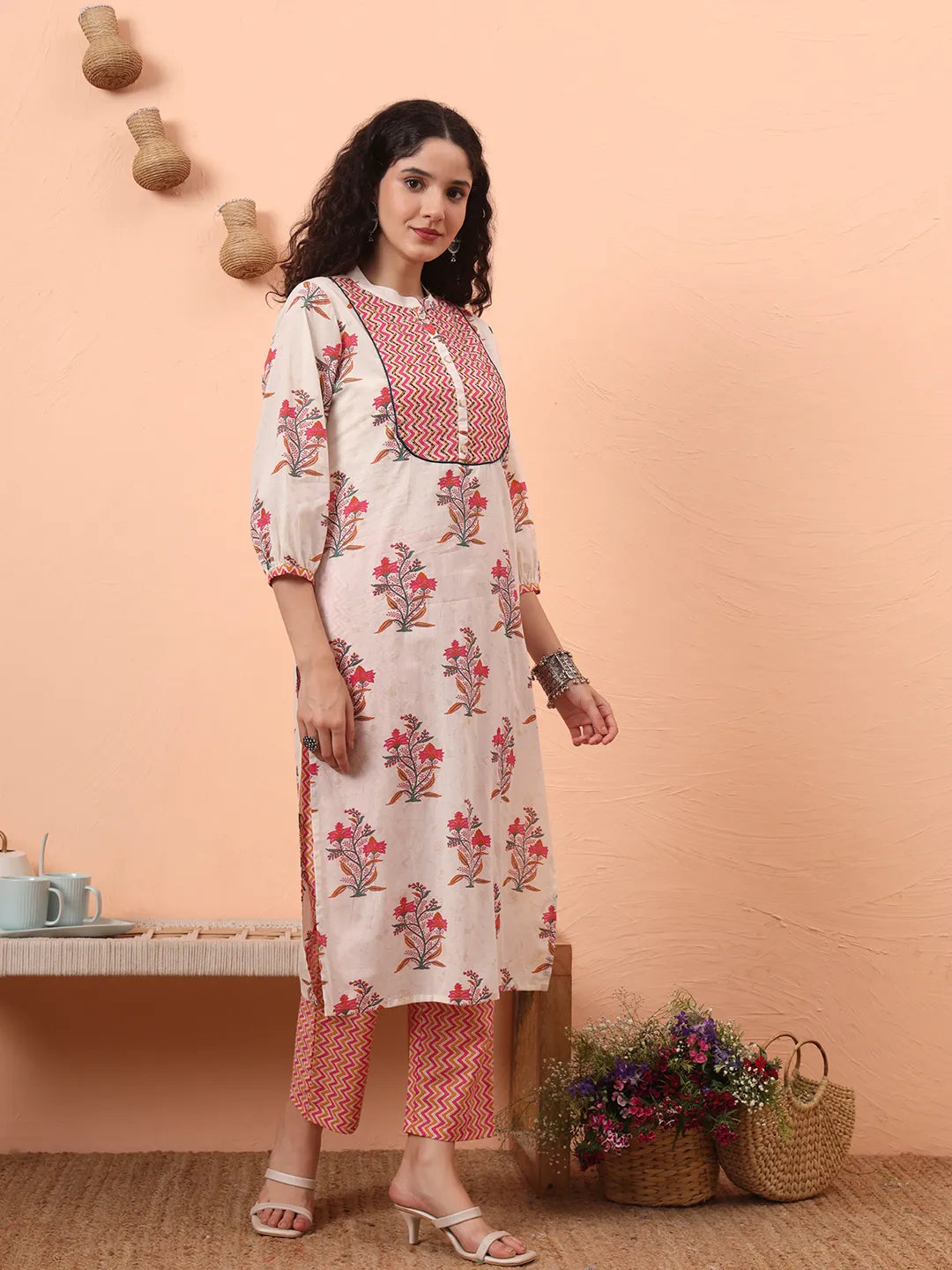 Yufta Cream Pure Cotton Kantha Work Kurta Dupatta Pant Set