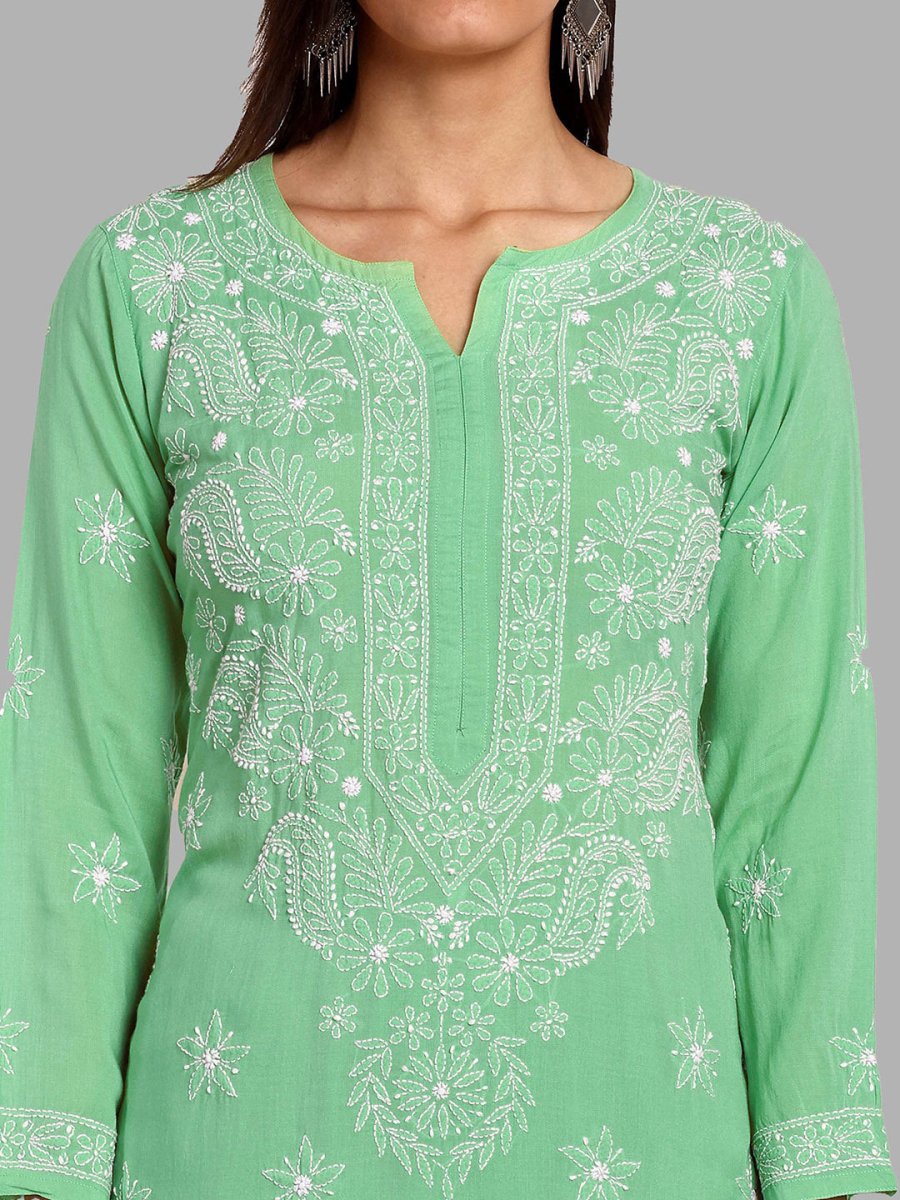 ADA Floral Embroidered Long Sleeves Regular Lucknowi Chikankari Kurta With Palazzos - Distacart