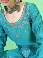Thumbnail for Vishudh Women Teal High Slit Kurti with Trousers