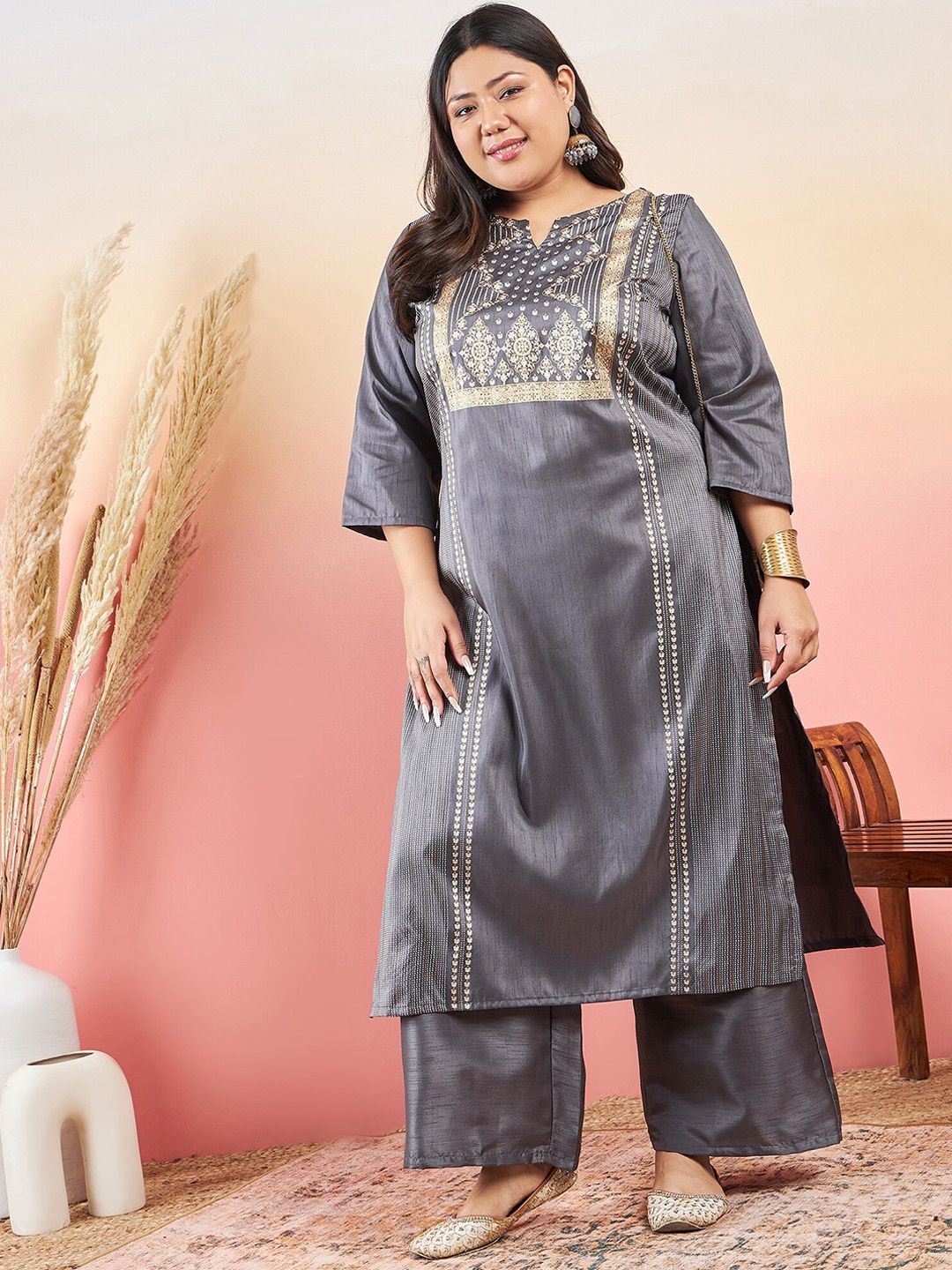 Sztori Ethnic Motifs Printed Notched Neck Straight Kurta With Palazzo - Distacart