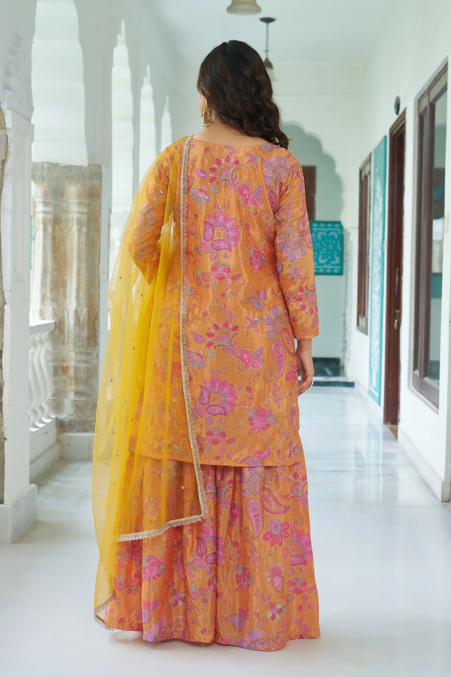 Joban Fashion Yellow Chinnon Embroidery Sequence Work Readymade Kurta Set - Distacart