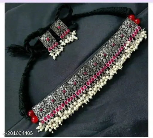 Tehzeeb Creations Women's Oxidised Necklace Set With White Pearl - Distacart