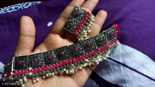 Tehzeeb Creations Women's Oxidised Necklace Set With White Pearl - Distacart