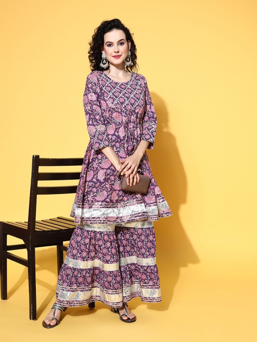 All About You Women Purple Floral Printed Regular Gotta Patti Pure Cotton Kurta with Sharara - Distacart