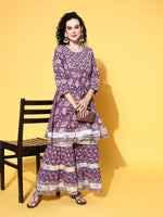Thumbnail for All About You Women Purple Floral Printed Regular Gotta Patti Pure Cotton Kurta with Sharara - Distacart