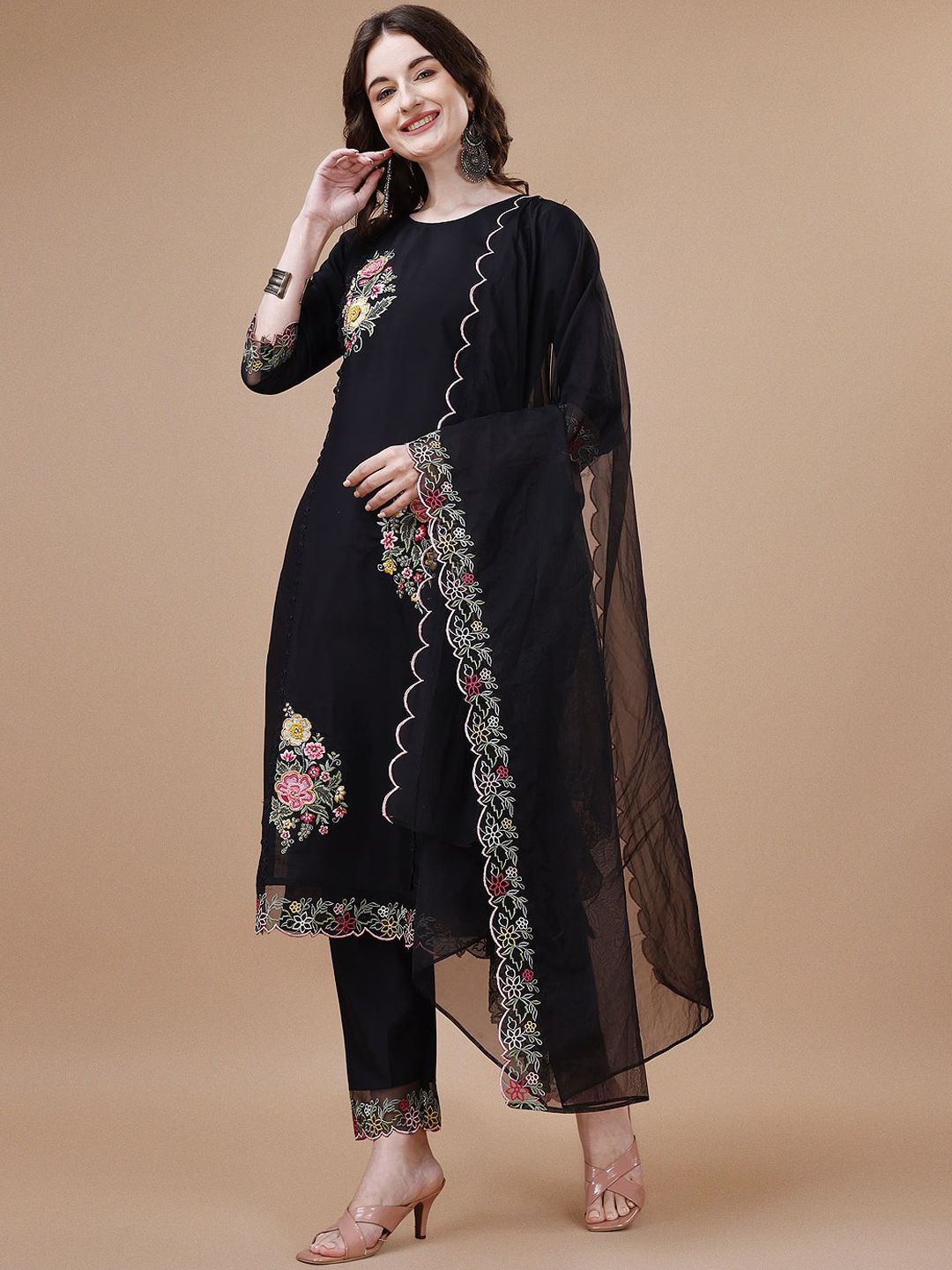 Kalini Women Floral Embroidered Regular Thread Work Chanderi Cotton Kurta with Trousers & With Dupatta - Distacart