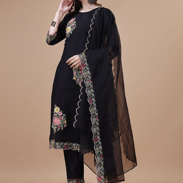 Kalini Women Floral Embroidered Regular Thread Work Chanderi Cotton Kurta with Trousers & With Dupatta - Distacart