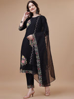 Thumbnail for Kalini Women Floral Embroidered Regular Thread Work Chanderi Cotton Kurta with Trousers & With Dupatta - Distacart