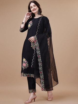 Kalini Women Floral Embroidered Regular Thread Work Chanderi Cotton Kurta with Trousers & With Dupatta - Distacart