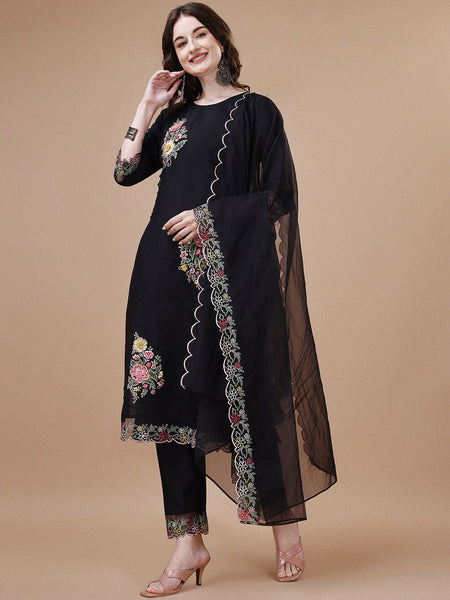 Kalini Women Floral Embroidered Regular Thread Work Chanderi Cotton Kurta with Trousers & With Dupatta - Distacart