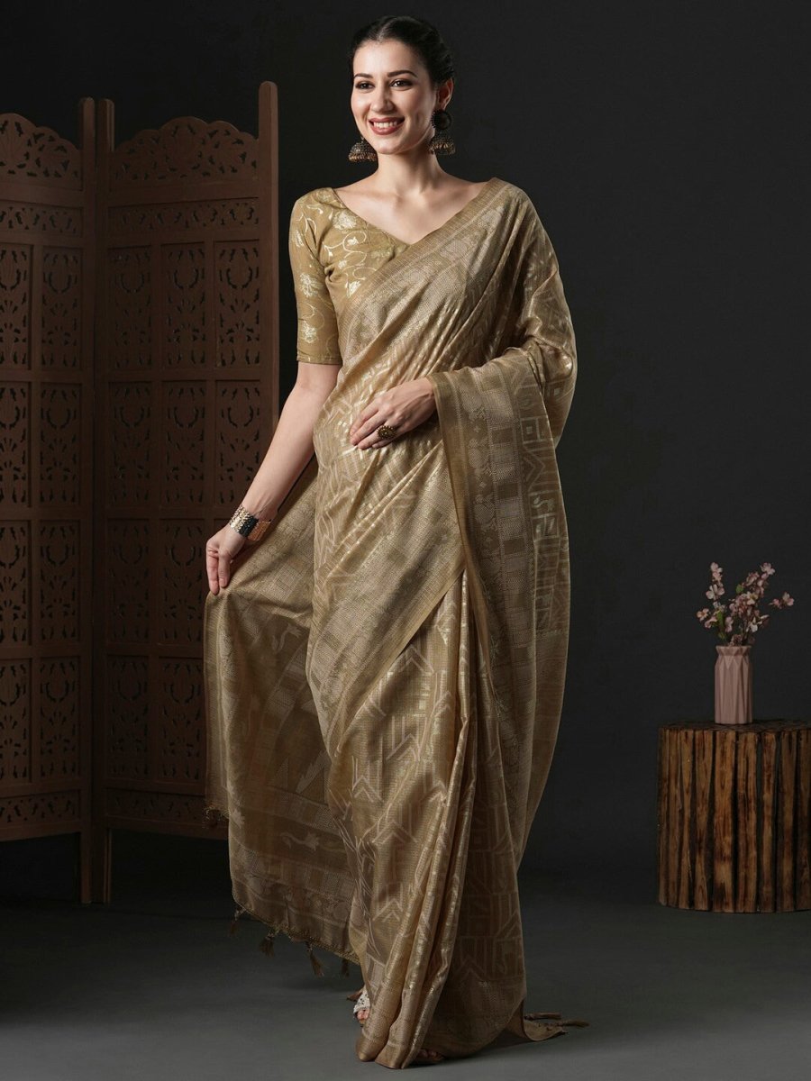 Anouk Beige & Gold-Toned Geometric Printed Zari Saree - Distacart