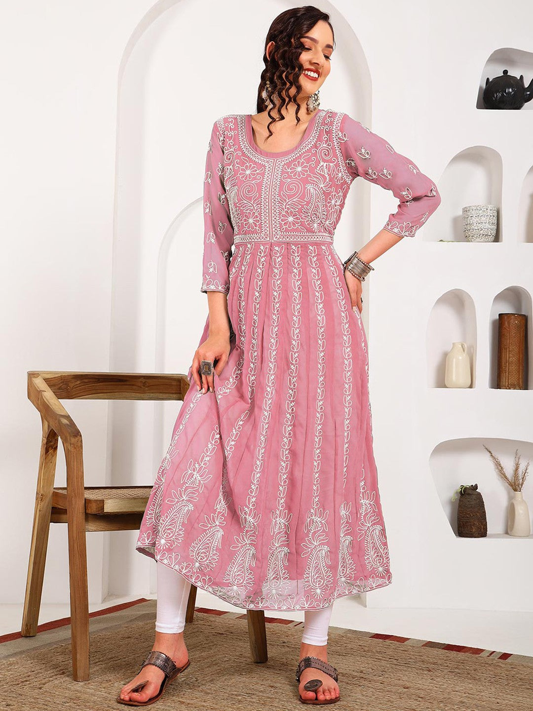 HERE&NOW Women Chikankari Embroidered Thread Work Georgette Anarkali Kurta - Distacart