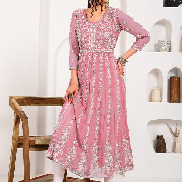 HERE&NOW Women Chikankari Embroidered Thread Work Georgette Anarkali Kurta - Distacart