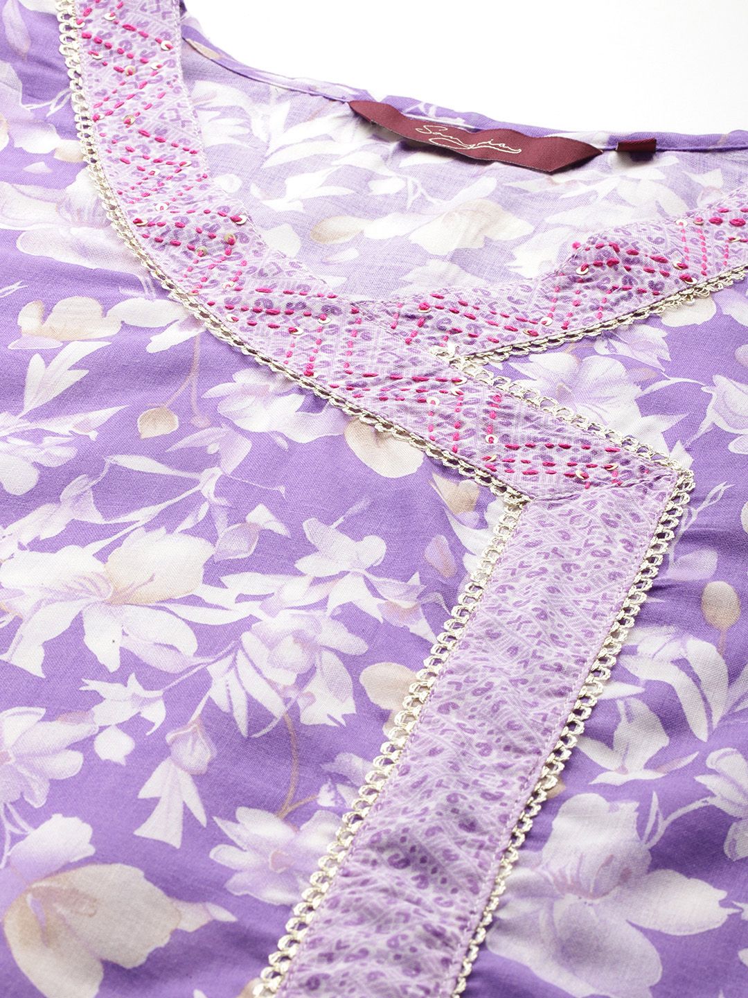 Sangria Floral Printed Angrakha Thread Work Pure Cotton Kurta with Trousers & With Dupatta - Distacart