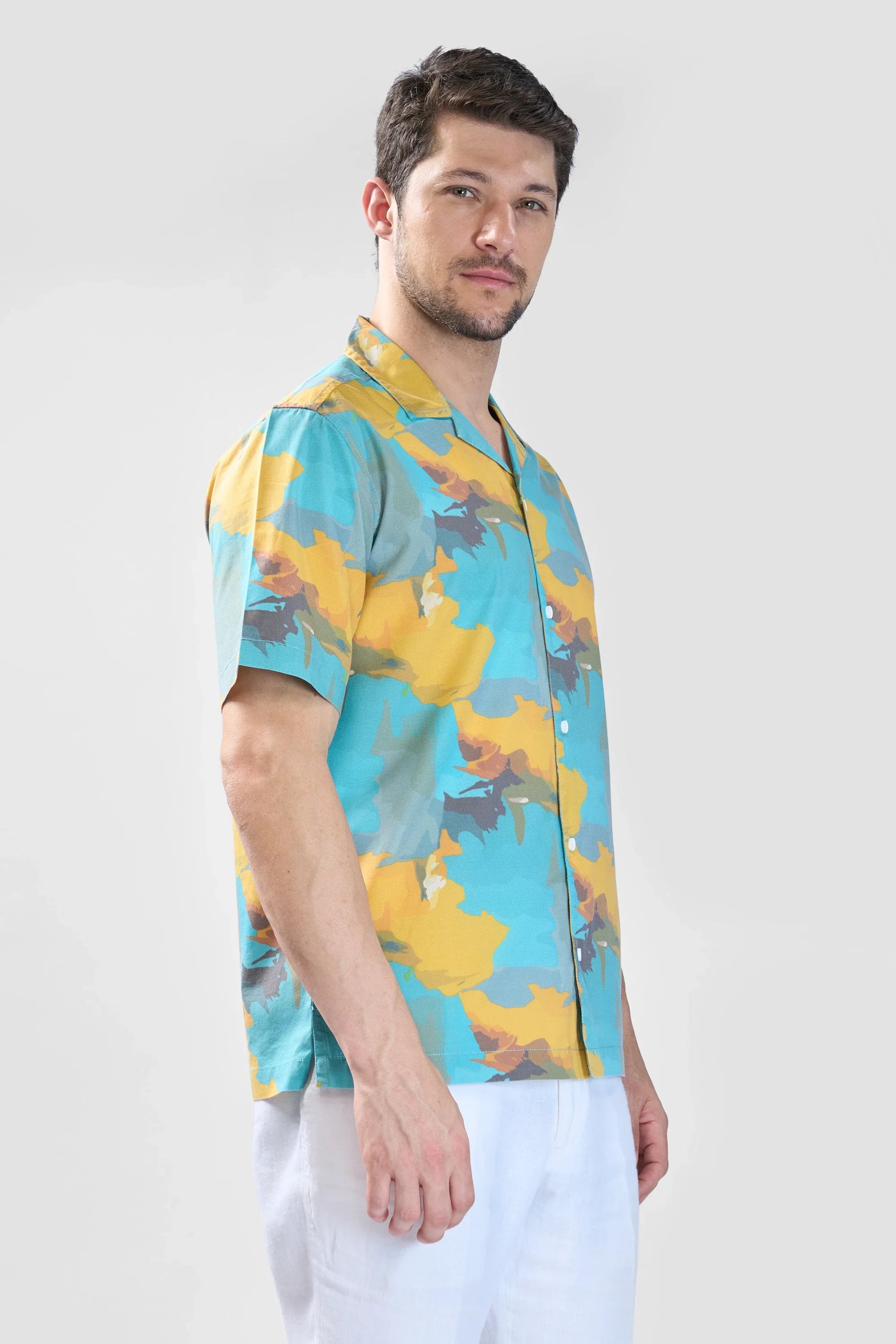 Xkind Teal Blue Abstract Printed Relaxed Fit Shirt