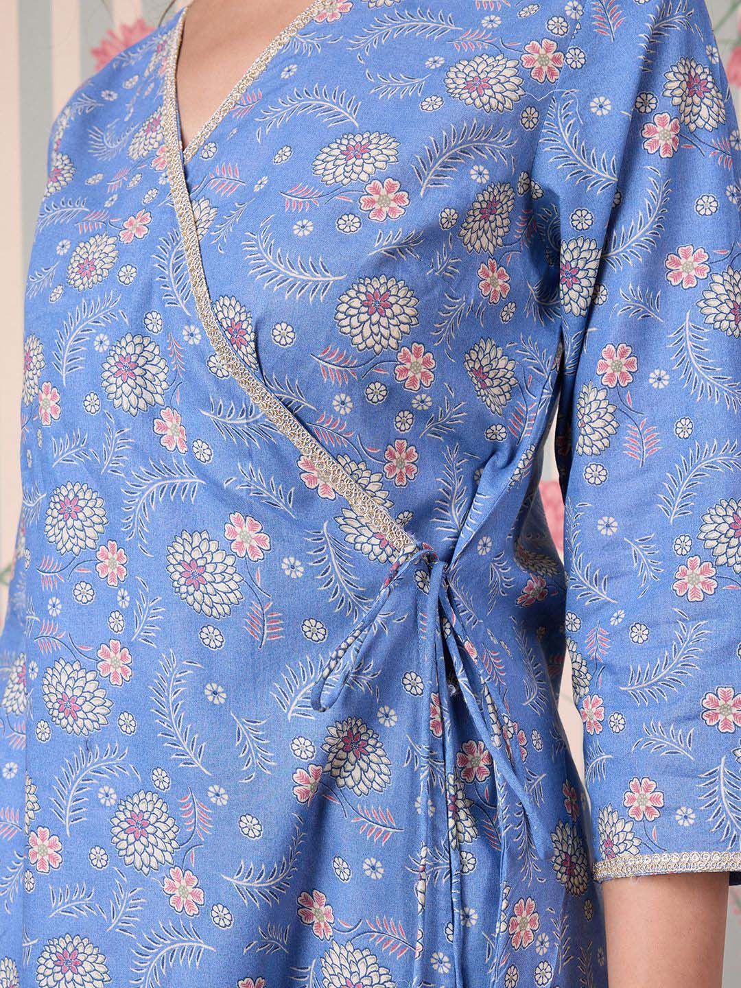 Ode by House of Pataudi Floral Printed Angrakha Gotta Patti Pure Cotton Kurta Set - Distacart