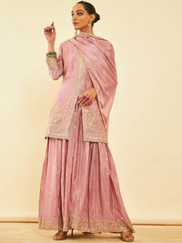 Thumbnail for Soch Pink Ethnic Motifs Embroidered Regular Sequinned Kurta With Palazzos & Dupatta - Distacart