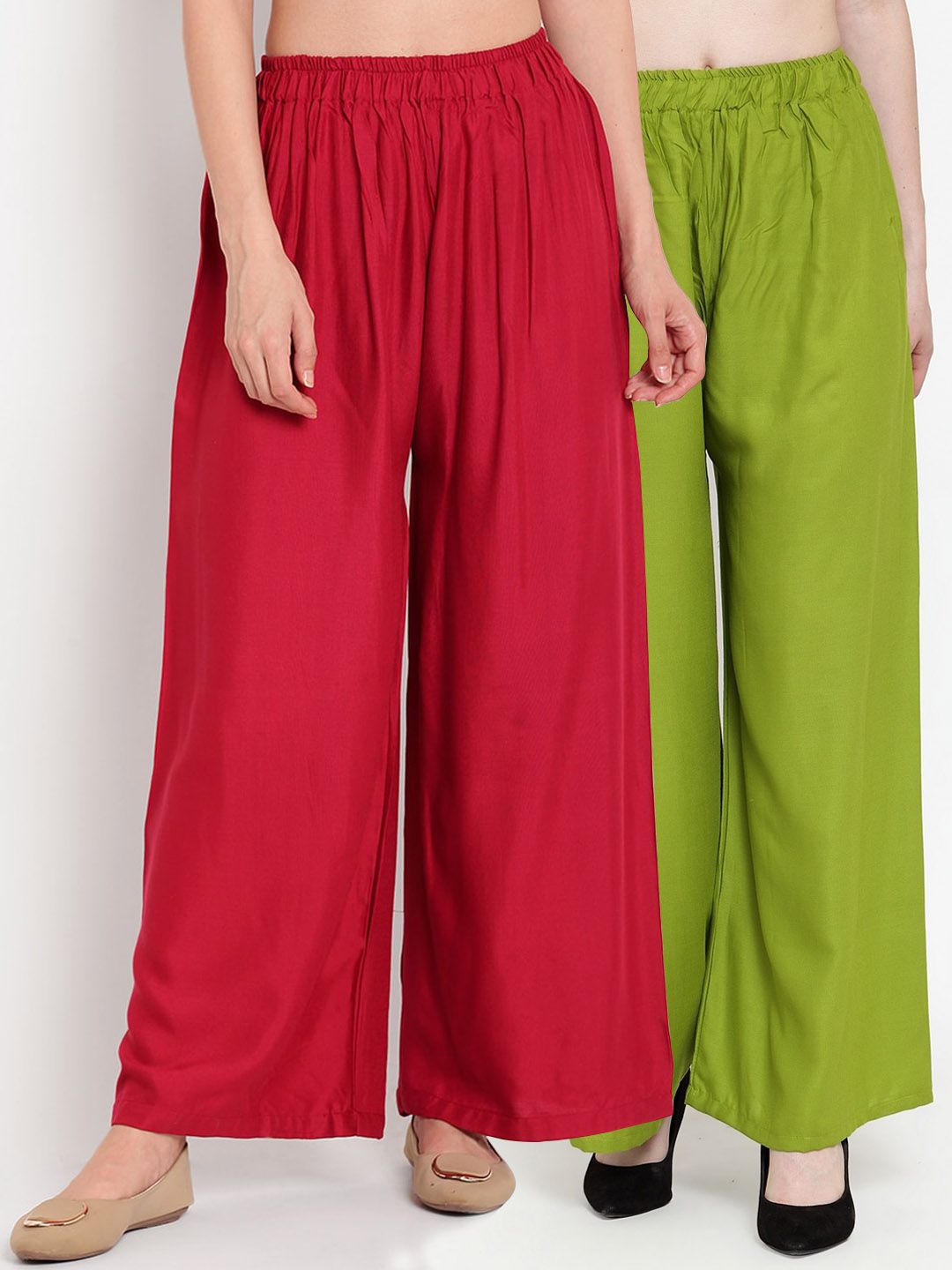 TAG 7 Women Pack Of 2 Green & Maroon Solid Flared Palazzos - Distacart