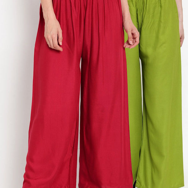 TAG 7 Women Pack Of 2 Green & Maroon Solid Flared Palazzos - Distacart