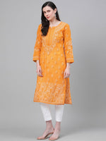 Thumbnail for ADA Women Mustard Yellow & White Chikankari Embroidered Cotton Sustainable Handloom Kurta with Palazzos - Distacart