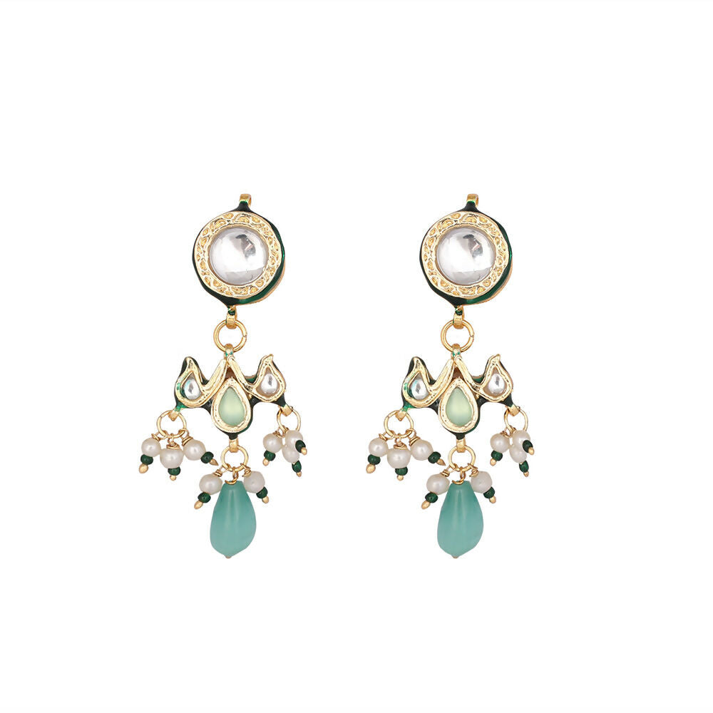 Nuyug 22K Gold Plated Pearl Empress Flora Green Stone Drops Necklace Set