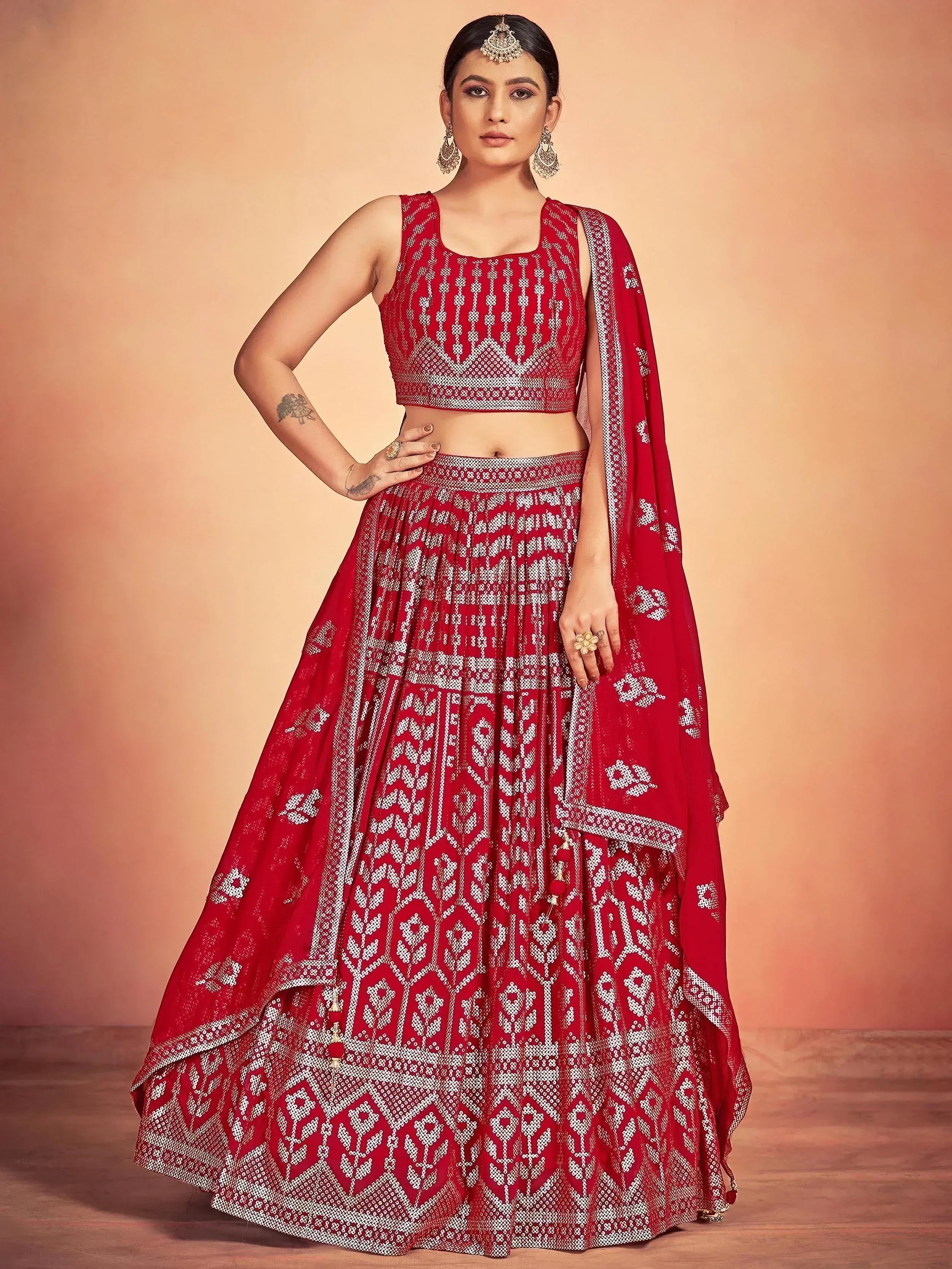 Tulsi Art Lovely Red Sequins Georgette Sangeet Wear Lehenga Choli With Dupatta - Dista