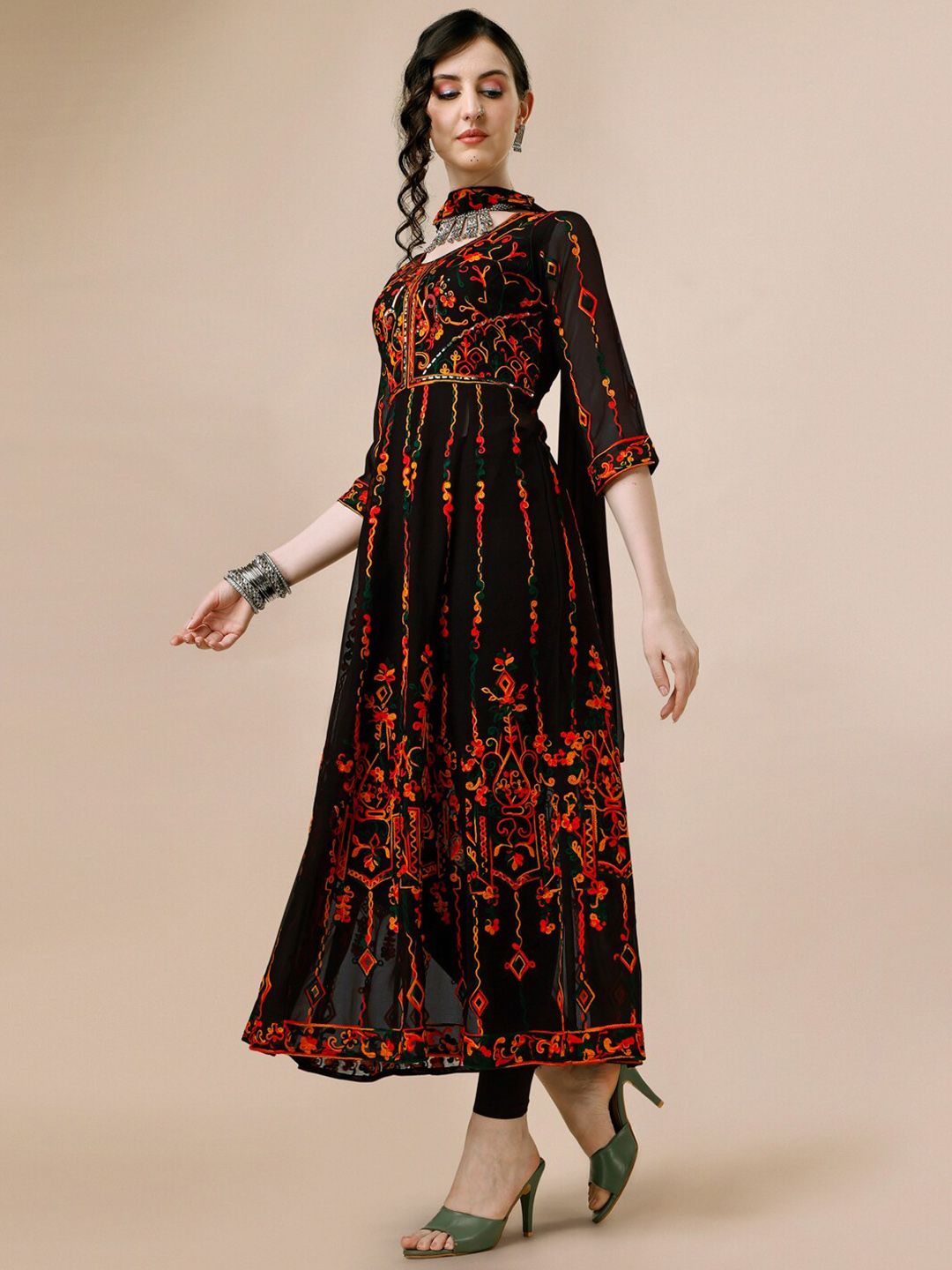 Kalini Floral Thread Work Pleated Anarkali Kurta with Dupatta - Distacart