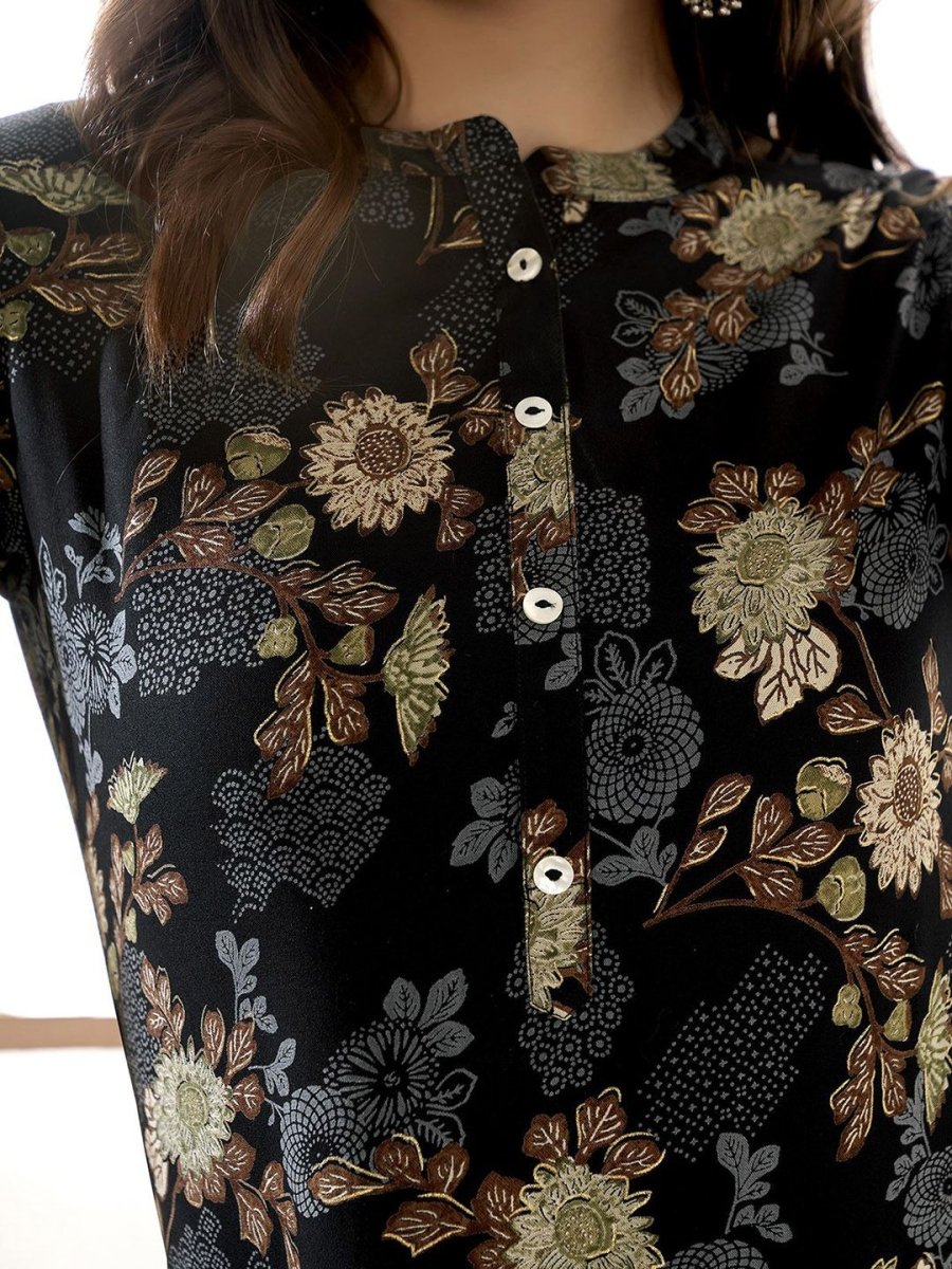 Anouk Black Floral Printed Mandarin Collar Thread Work A-Line Kurta - Distacart