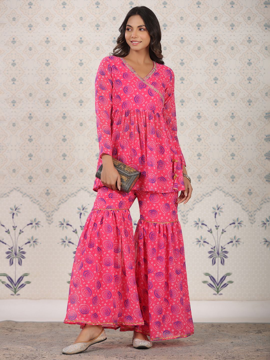 Ode by House of Pataudi Red Bandhani Printed Angrakha A-Line Kurti With Sharara - Distacart