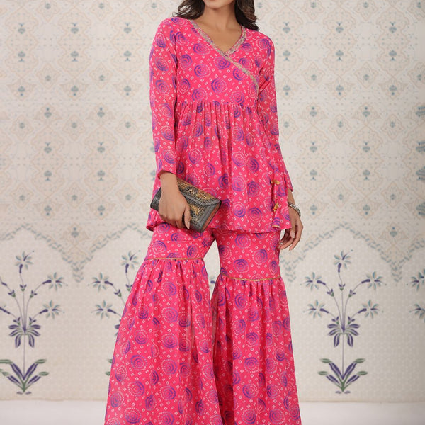 Ode by House of Pataudi Red Bandhani Printed Angrakha A-Line Kurti With Sharara - Distacart