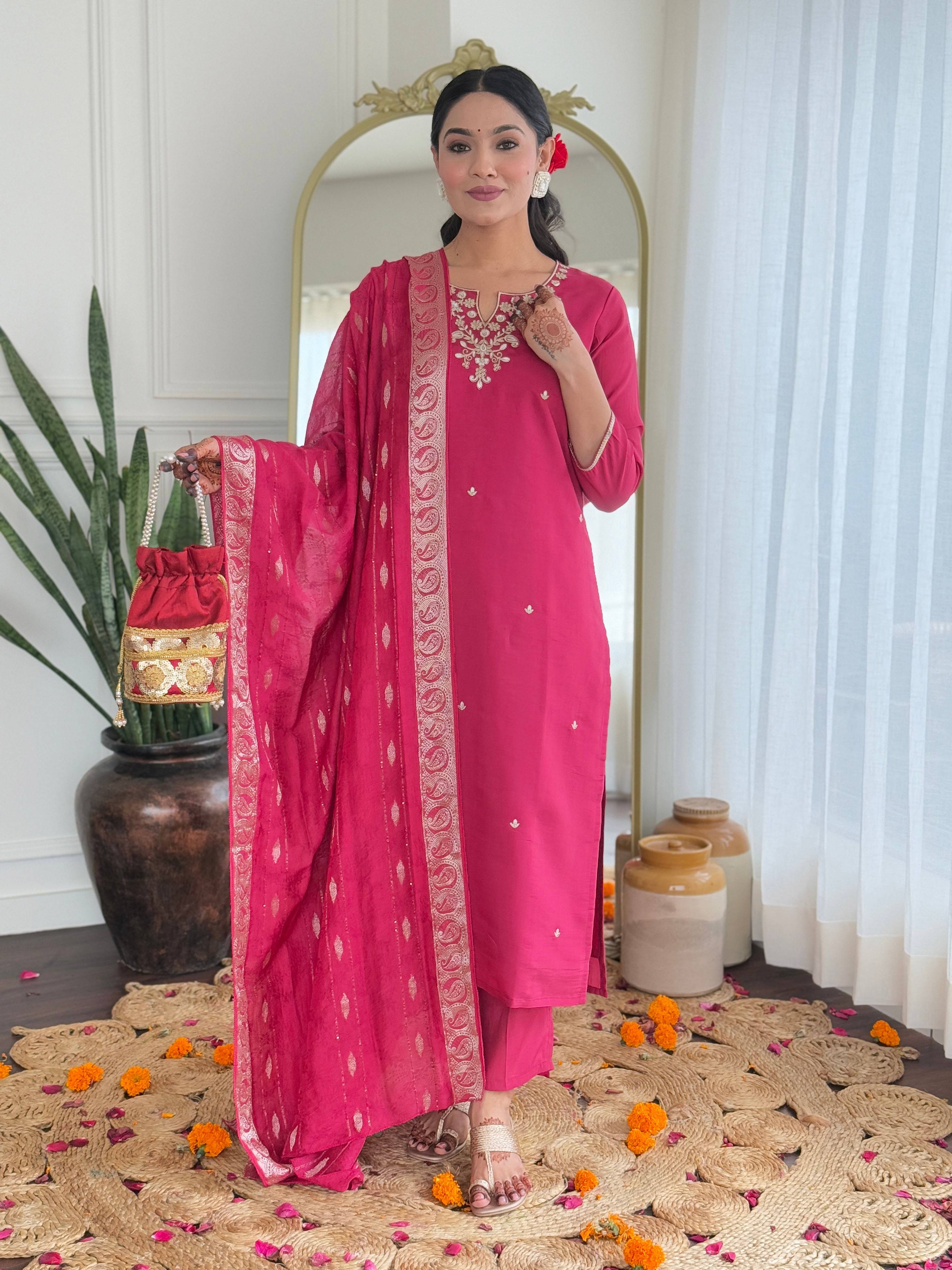 The52 Women's Viscose Silk Embroidery work Straight Kurta with Pant and Dupatta Set