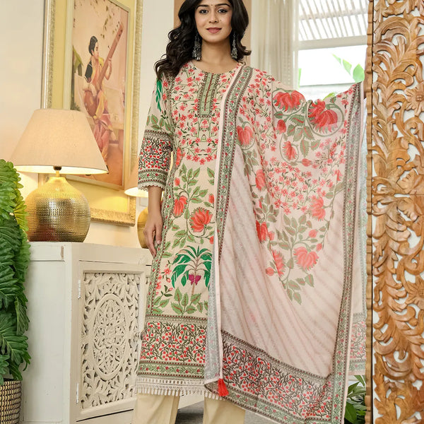 Yufta Pink Cotton Straight Floral Print Beads And Stones Lace Work Kurta Dupatta Set - Distacart