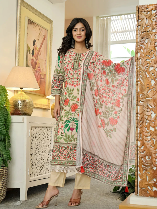 Yufta Pink Cotton Straight Floral Print Beads And Stones Lace Work Kurta Dupatta Set