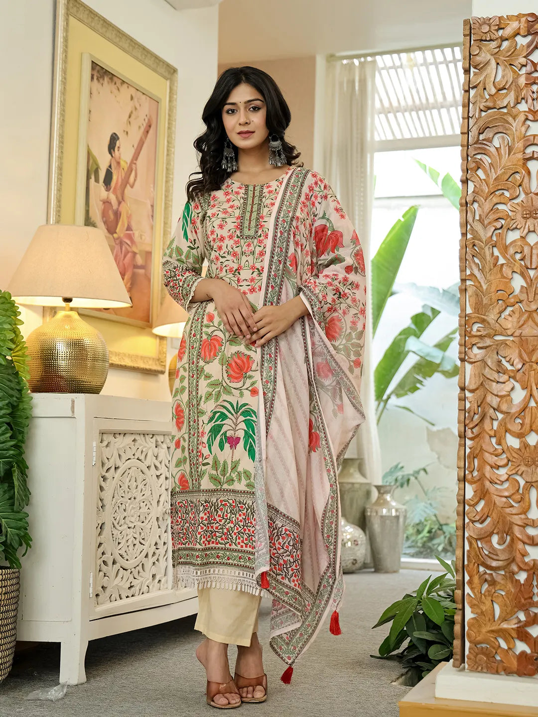 Yufta Pink Cotton Straight Floral Print Beads And Stones Lace Work Kurta Dupatta Set - Distacart