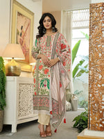 Thumbnail for Yufta Pink Cotton Straight Floral Print Beads And Stones Lace Work Kurta Dupatta Set