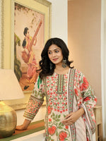 Thumbnail for Yufta Pink Cotton Straight Floral Print Beads And Stones Lace Work Kurta Dupatta Set
