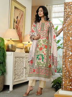 Thumbnail for Yufta Pink Cotton Straight Floral Print Beads And Stones Lace Work Kurta Dupatta Set