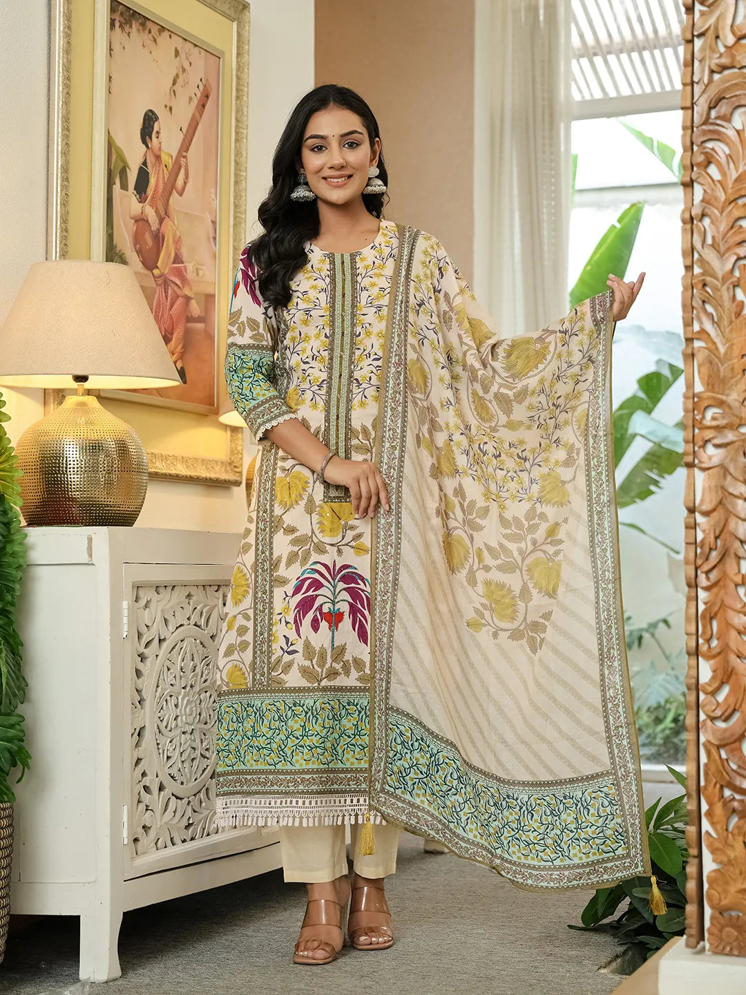 Yufta Yellow Cotton Straight Floral Print Beads And Stones Lace Work Kurta Dupatta Set - Distacart