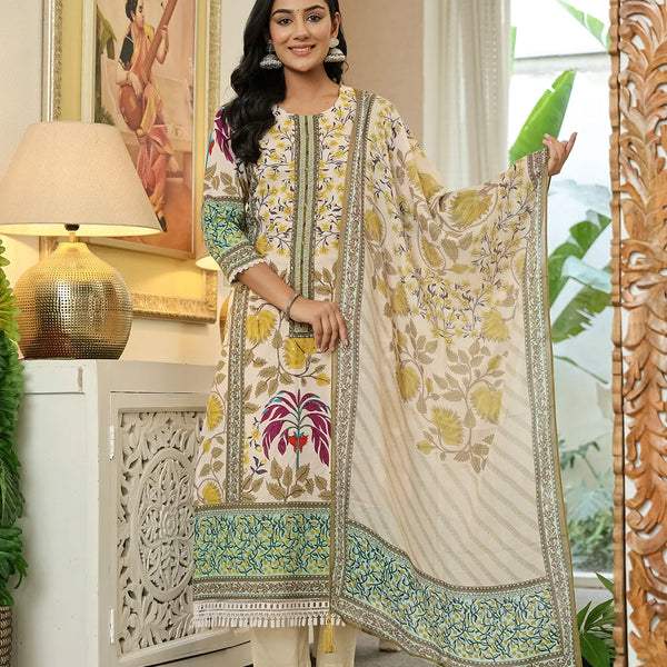 Yufta Yellow Cotton Straight Floral Print Beads And Stones Lace Work Kurta Dupatta Set - Distacart