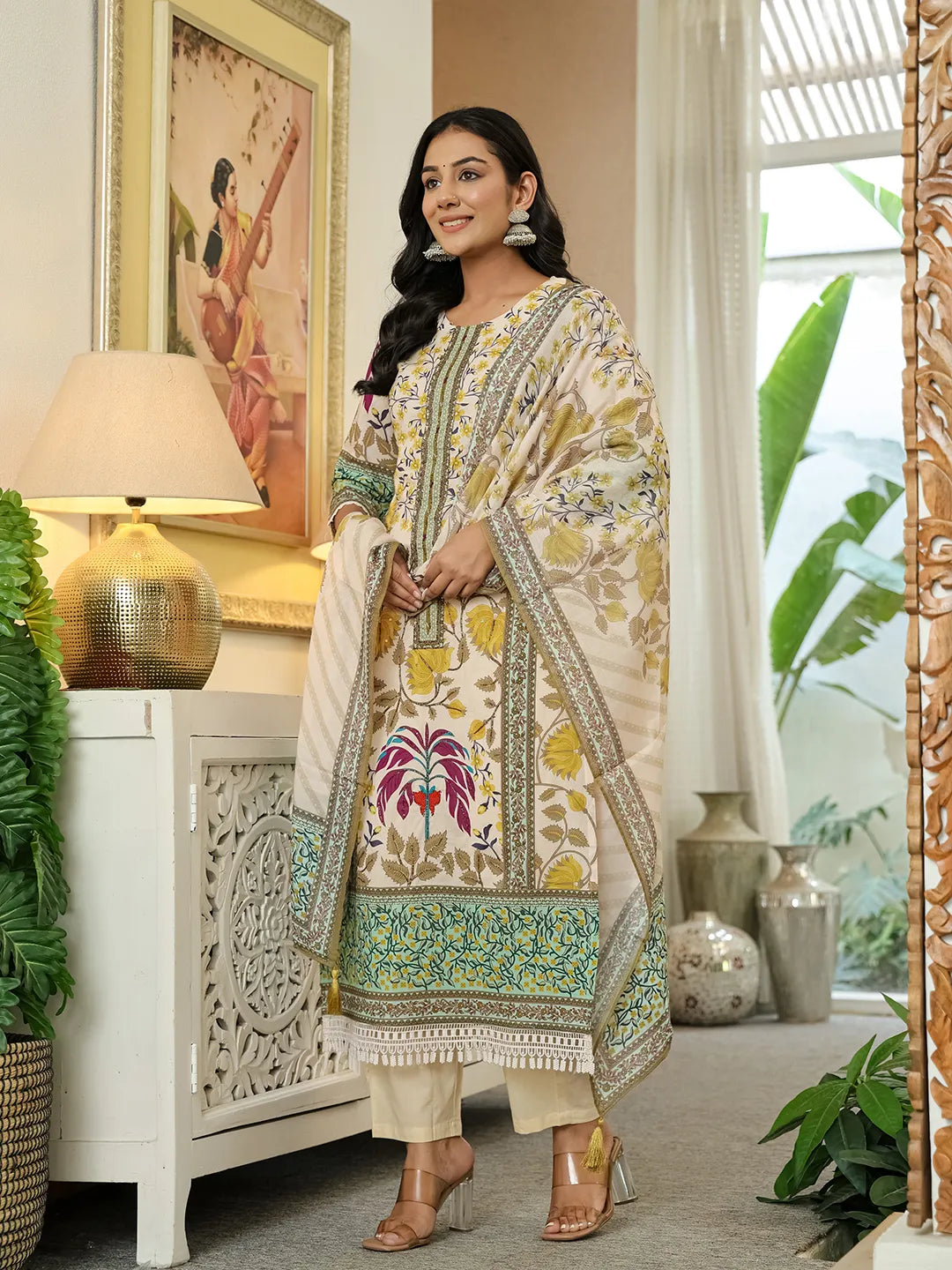 Yufta Yellow Cotton Straight Floral Print Beads And Stones Lace Work Kurta Dupatta Set - Distacart