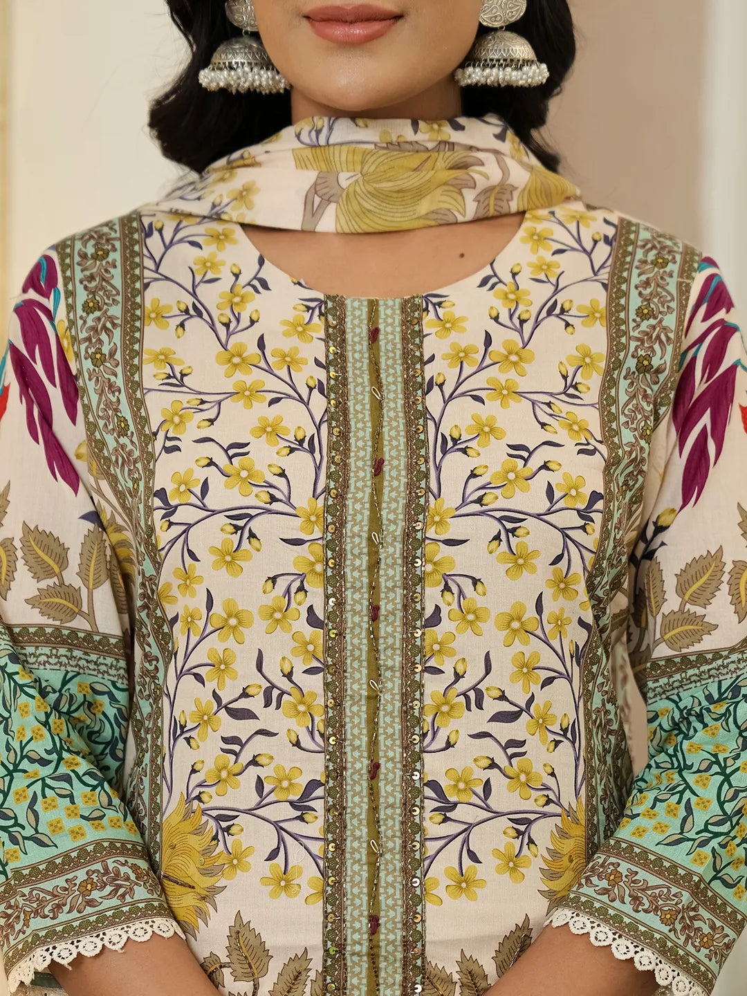 Yufta Yellow Cotton Straight Floral Print Beads And Stones Lace Work Kurta Dupatta Set