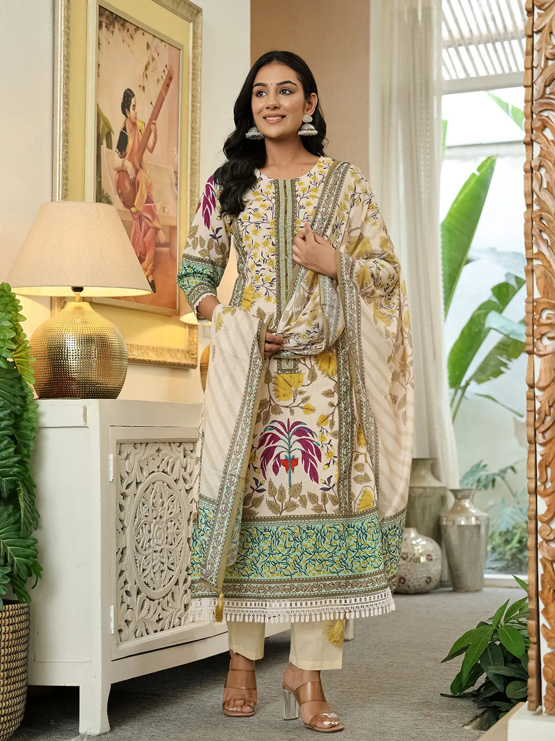 Yufta Yellow Cotton Straight Floral Print Beads And Stones Lace Work Kurta Dupatta Set