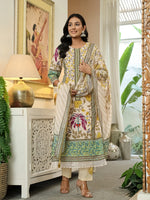 Thumbnail for Yufta Yellow Cotton Straight Floral Print Beads And Stones Lace Work Kurta Dupatta Set