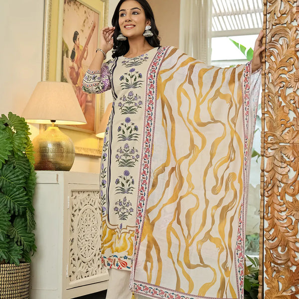 Yufta Yellow Cotton Straight Floral Print Beads And Stones Kurta Dupatta Set - Distacart