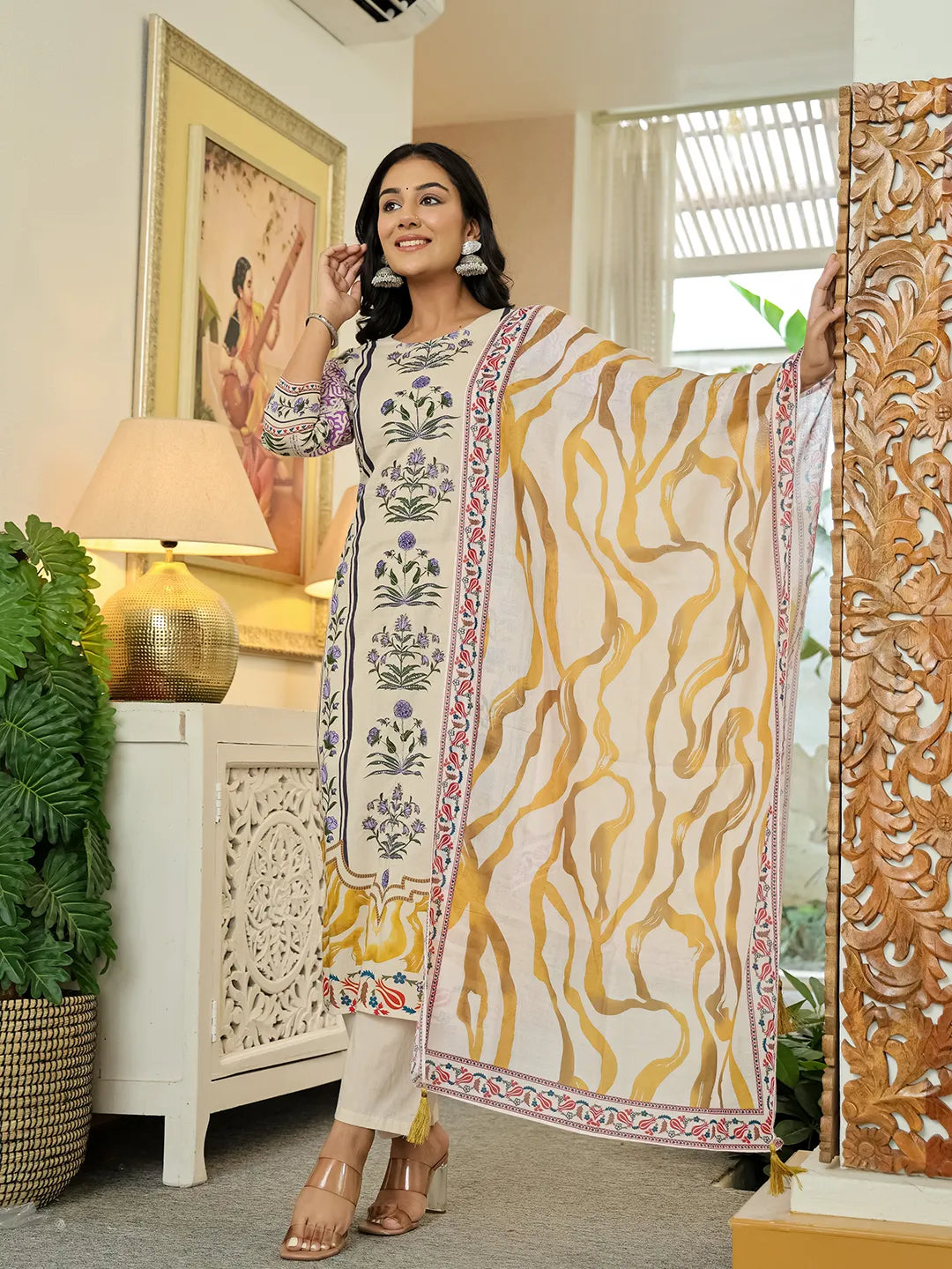 Yufta Yellow Cotton Straight Floral Print Beads And Stones Kurta Dupatta Set - Distacart