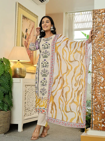 Yufta Yellow Cotton Straight Floral Print Beads And Stones Kurta Dupatta Set - Distacart