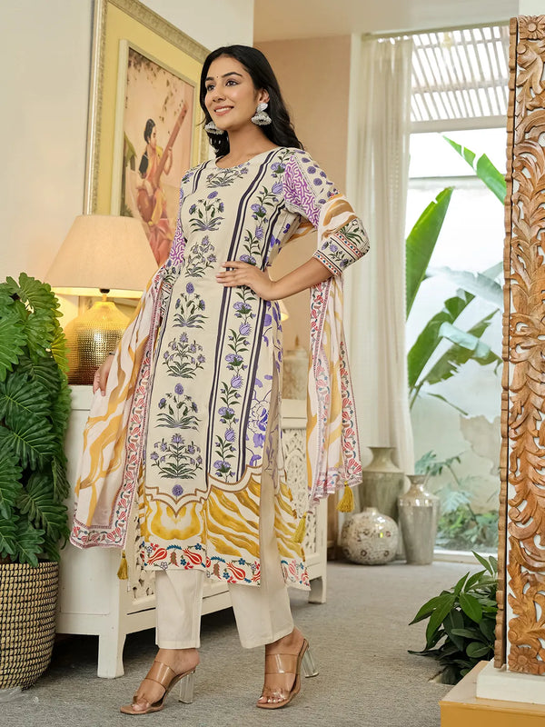 Yufta Yellow Cotton Straight Floral Print Beads And Stones Kurta Dupatta Set
